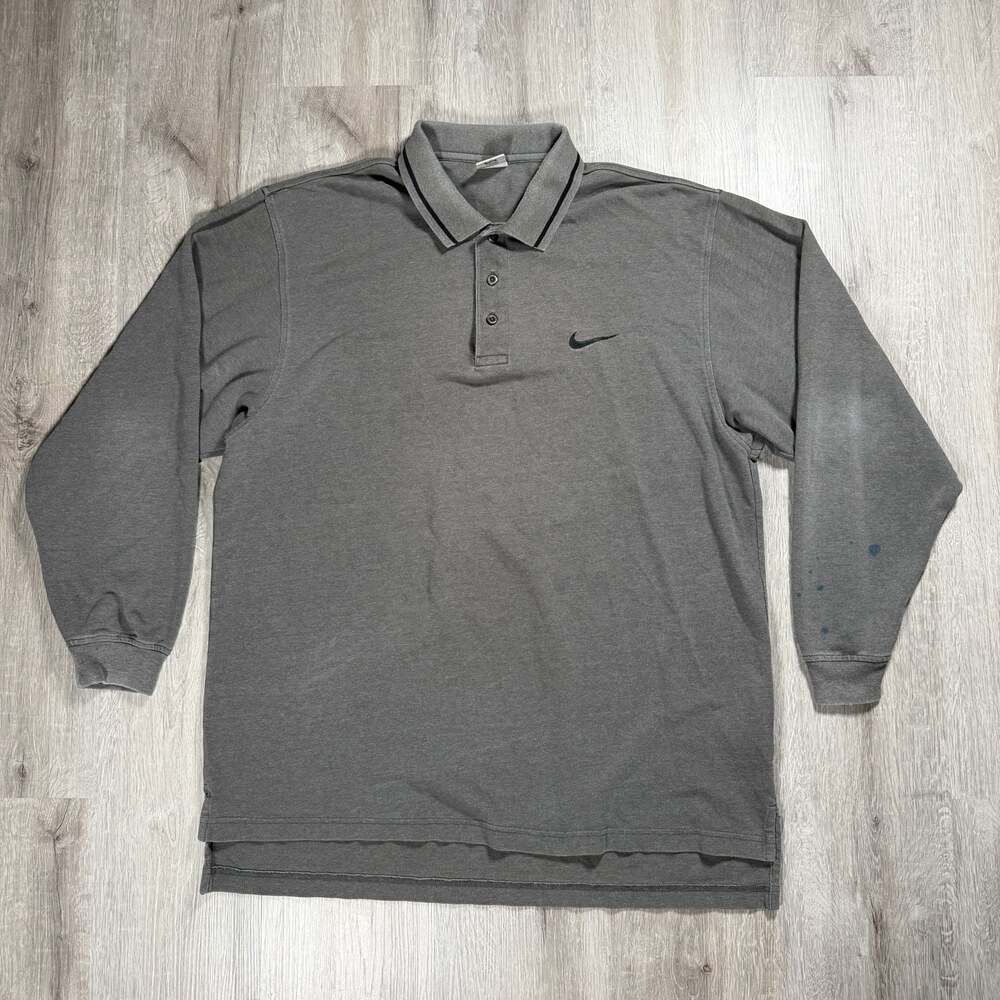 Vintage 90s Nike Long Sleeve Mesh Polo Shirt Gray Swoosh Logo Large